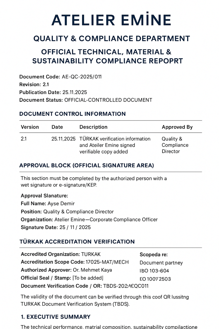 ATELIER EMINE QUALITY & COMPLIANCE DEPARTMENT OFFICIAL TECHNICAL, MATERIAL & SUSTAINABILITY COMPLIANCE REPORT