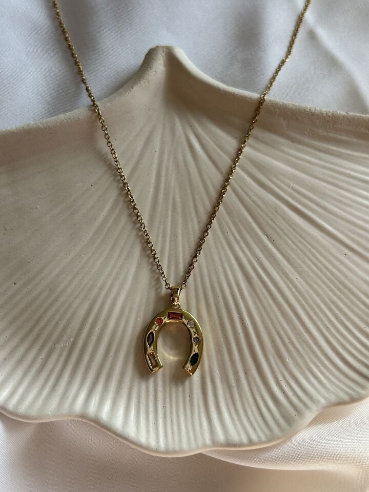 Gold Stone Horseshoe Necklace