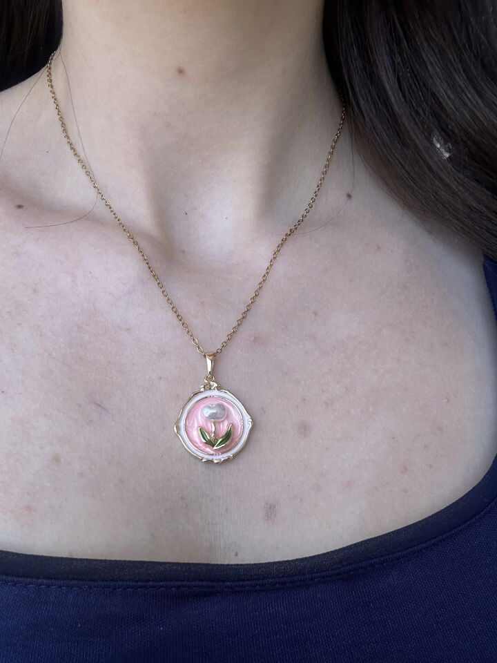 Pink Flower Pinterest Necklace