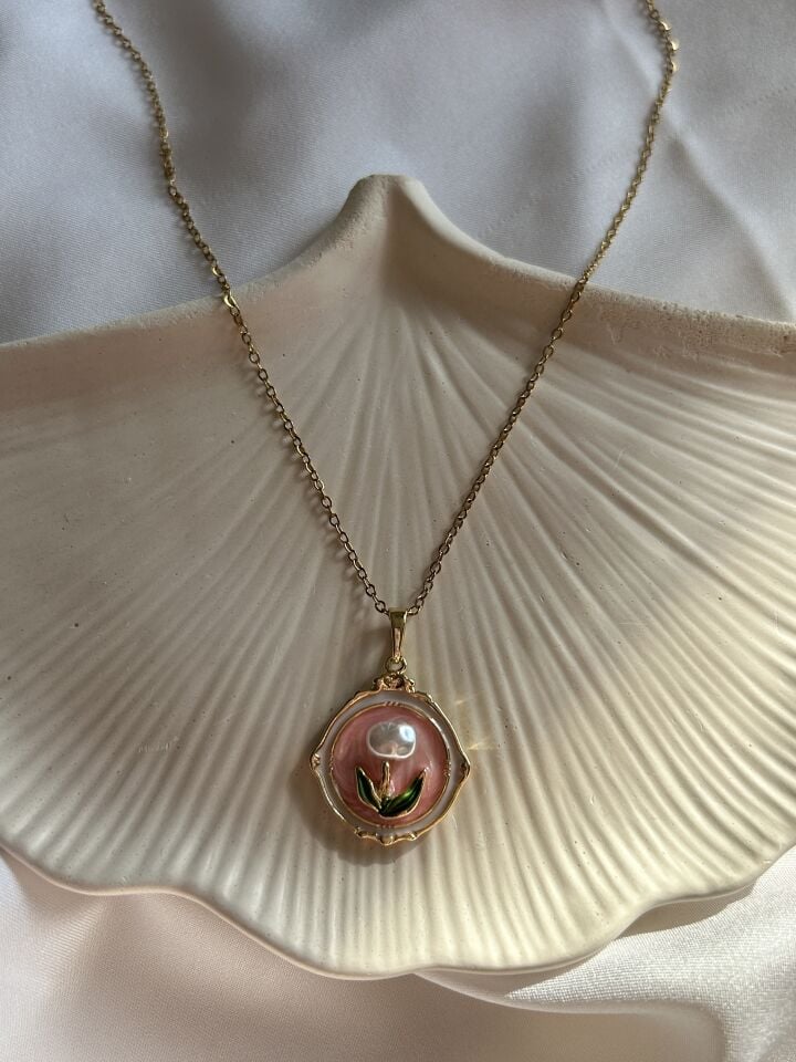 Pink Flower Pinterest Necklace