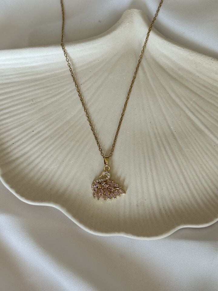 Gold Pink Swan Necklace