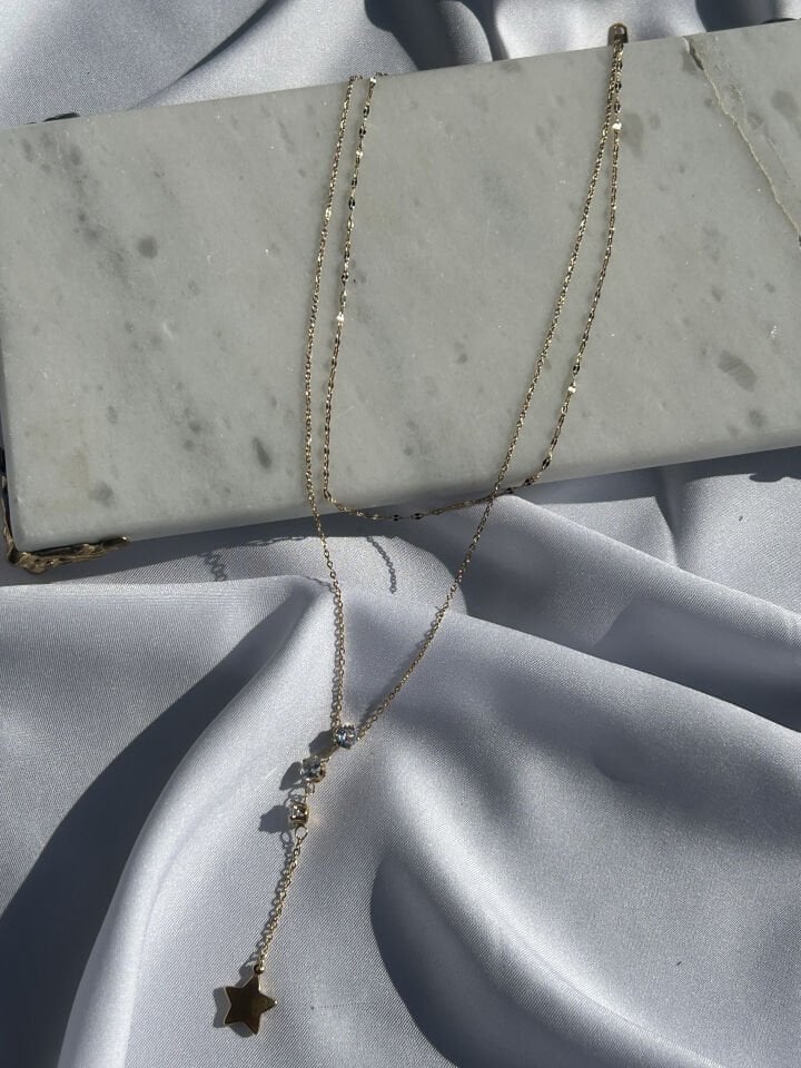 Gold Stone Star Y Necklace