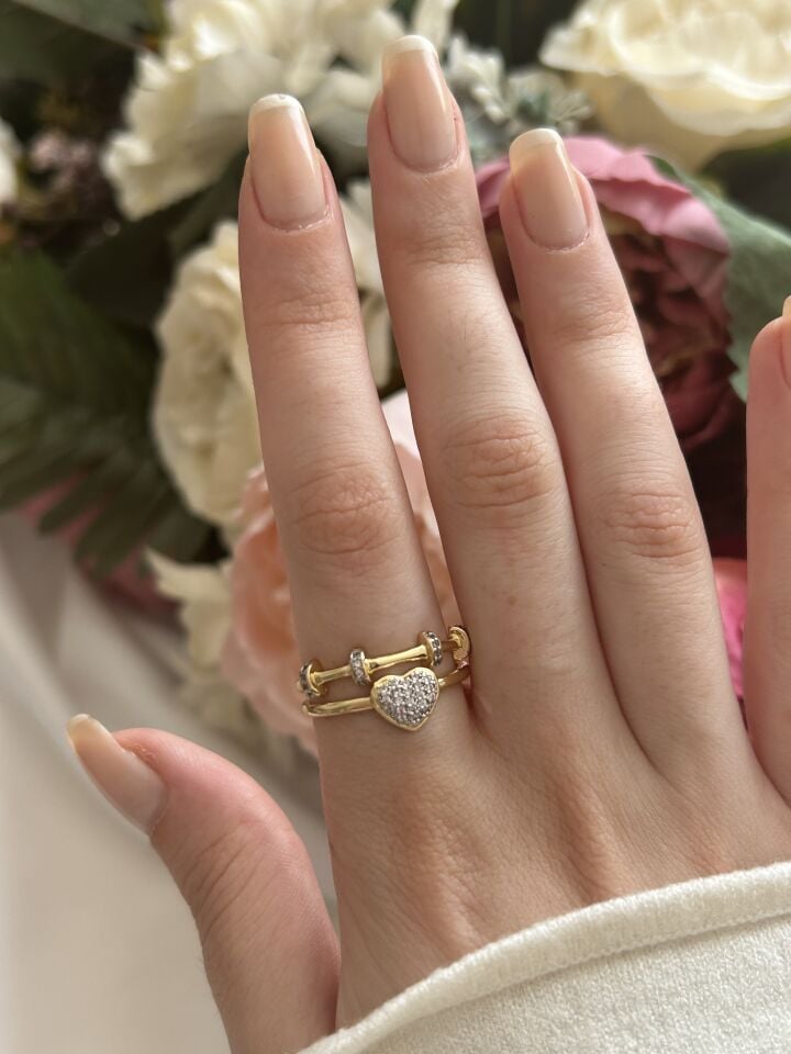 Çift Sıra Kalp Detaylı Yüzük