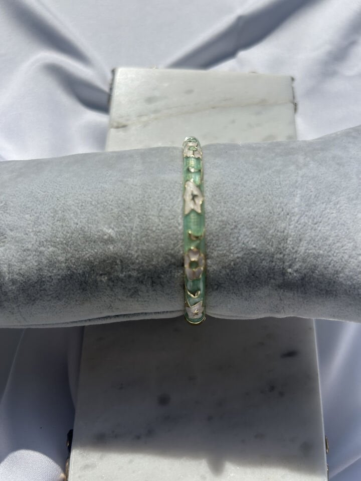 Enameled Green Flower Cuff Bracelet