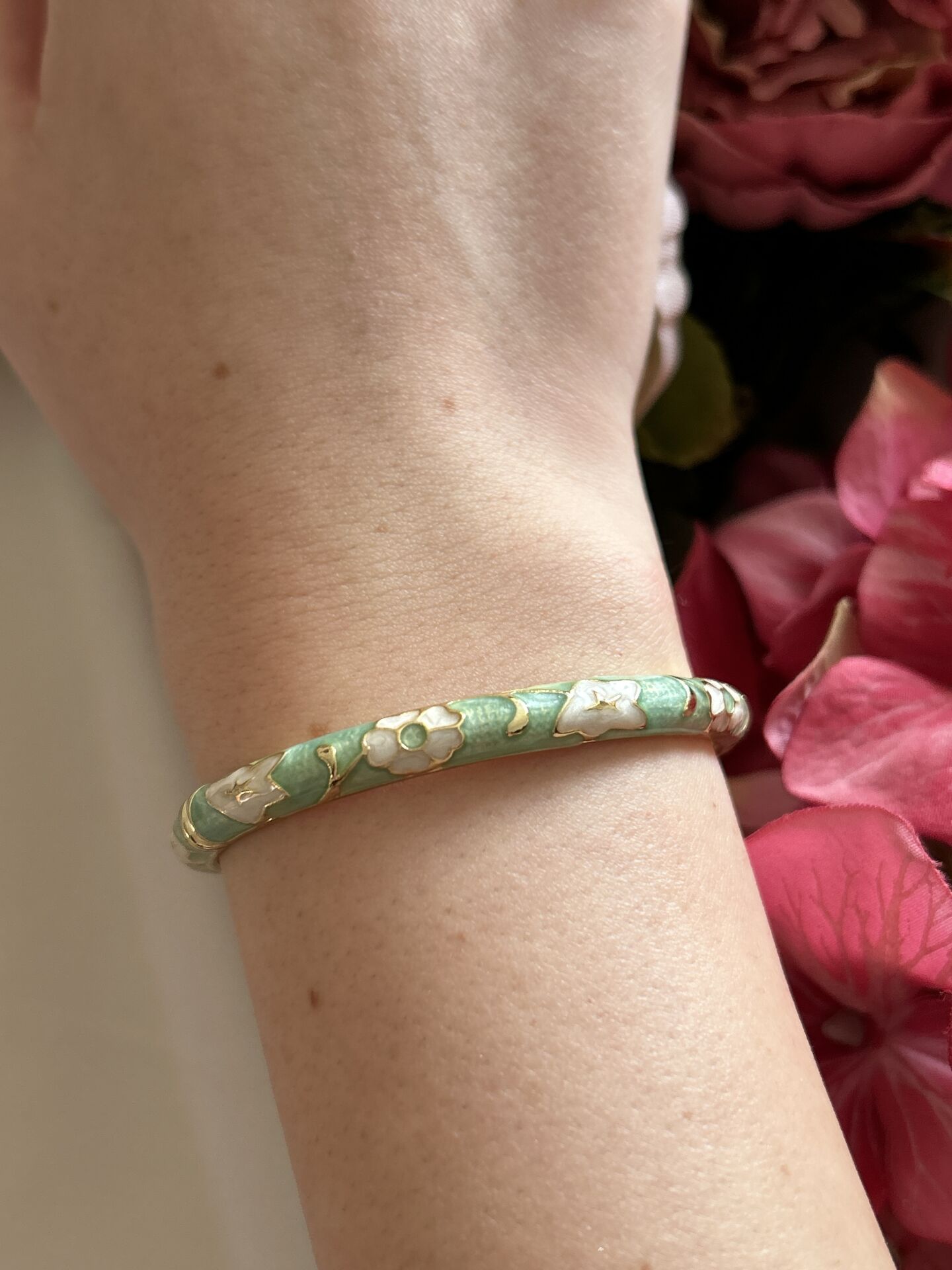 Enameled Green Flower Cuff Bracelet