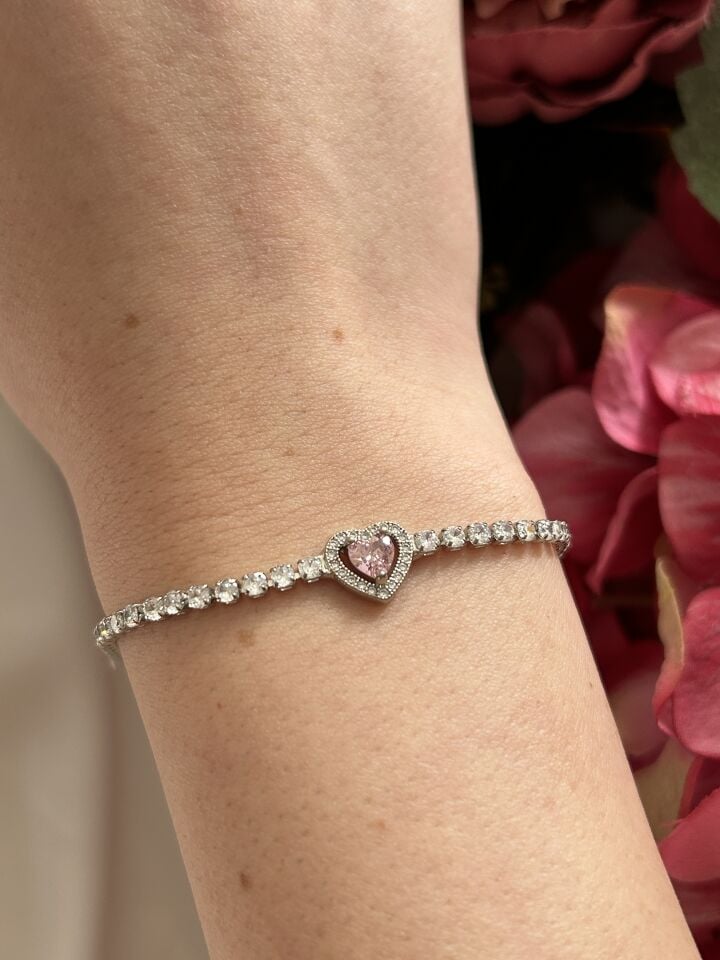 Silver Pink Heart Detailed Waterway Bracelet