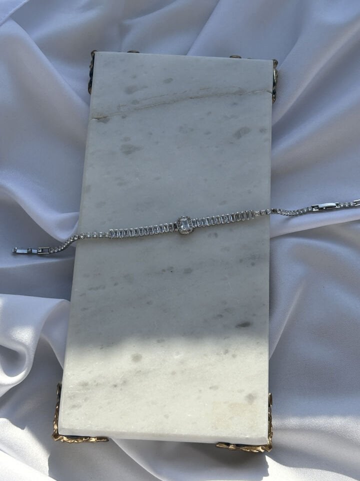 Rectangular Baguette Stone Detail Silver Bracelet