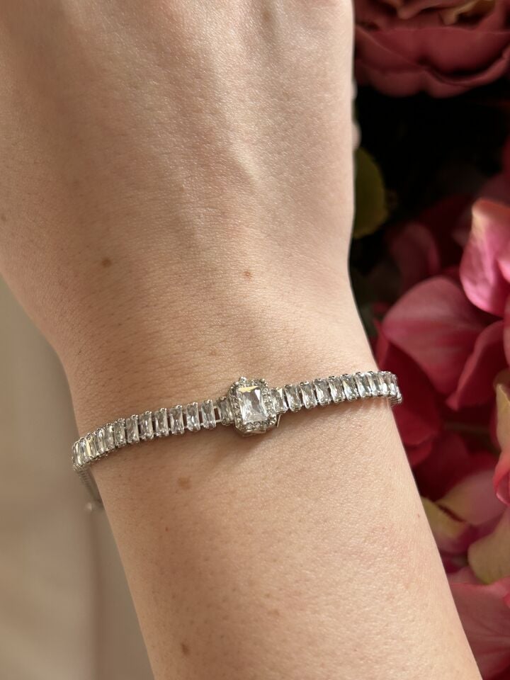 Rectangular Baguette Stone Detail Silver Bracelet