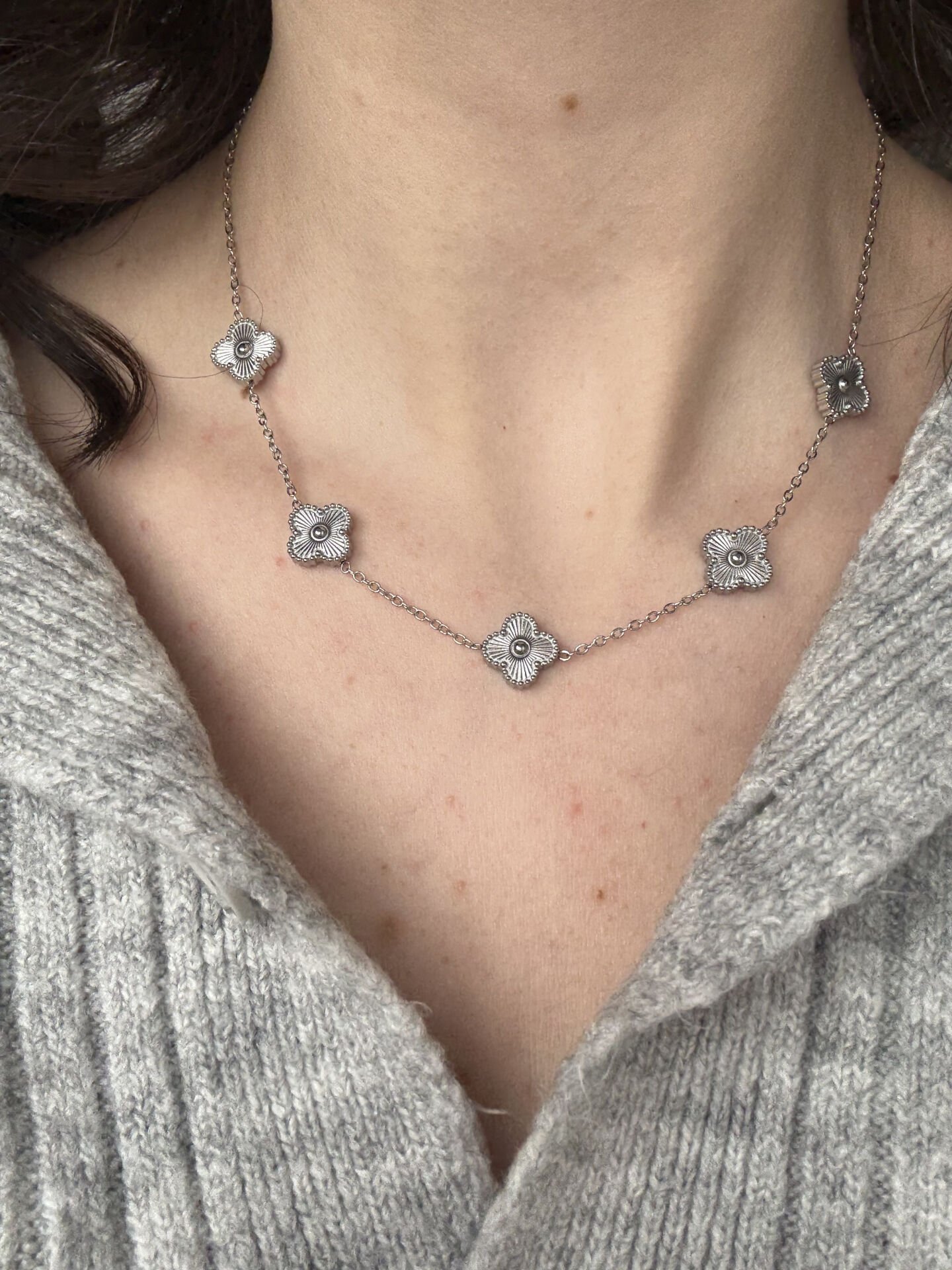 Silver Necklace with Five Clover Details